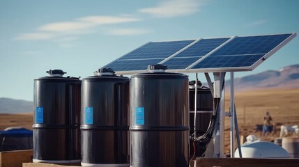 Solar-powered water purification system in a remote, arid landscape