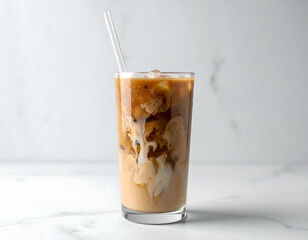 Refreshing iced coffee with milk swirling in a clear glass, served with a straw on a marble surface. Minimalist style with white background. Perfect for beverage and cafe concepts.