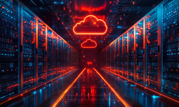 Futuristic data center server room with glowing red neon cloud icons representing cloud computing and digital storage technology infrastructure for modern networking and data management systems