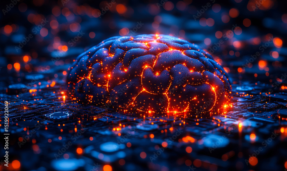 Aufkleber futuristic digital brain glowing with orange neural network connections on high-tech circuit backgro