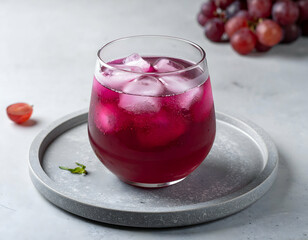 Refreshing glass of iced grape juice with vibrant purple color, served on a tray with fresh grapes in the background. Perfect for summer, health, and beverage concepts.
