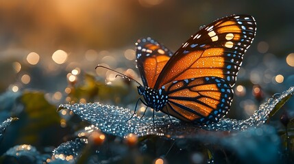 Monarch butterfly perched on dew covered leaf in soft sunlight