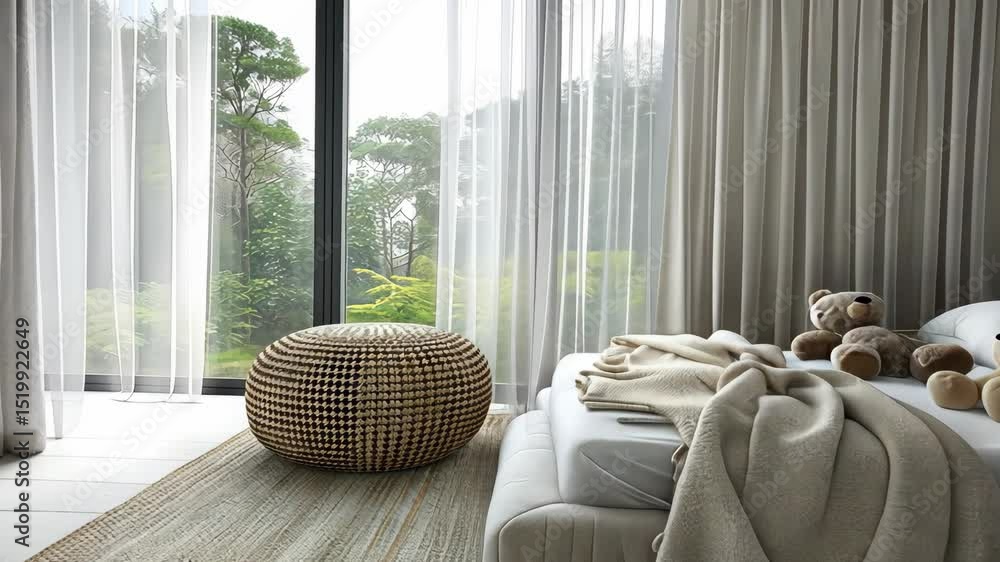 Poster soft fabrics and warm tones create a peaceful atmosphere in this inviting bedroom with a view of gre