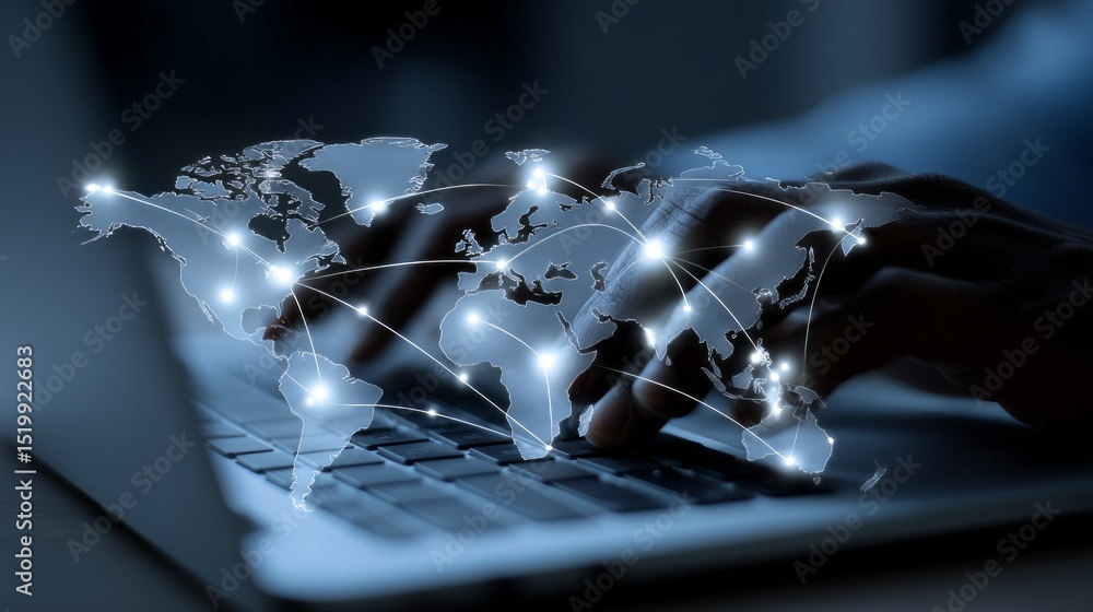 Aufkleber Software engineer working on laptop in modern workspace, connected to global network
