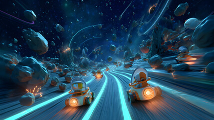 3D cartoon of a cosmic race with kids piloting