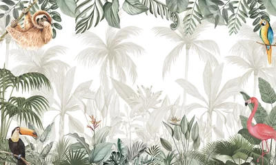 Canvas schilderij Jungle Subtle Wildlife Wall Mural: Sloth Bear, Birds in Calm Tropical Forest Landscape  © csinie1