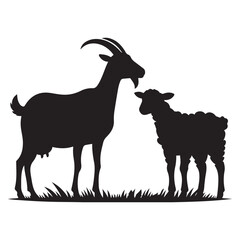 Black and white goat illustration on a white background, a wild mammal vector for nature and farm animal designs