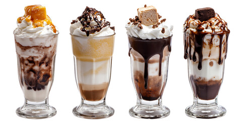 collection of tempting milkshake glasses with variety of toppings isolated on white background