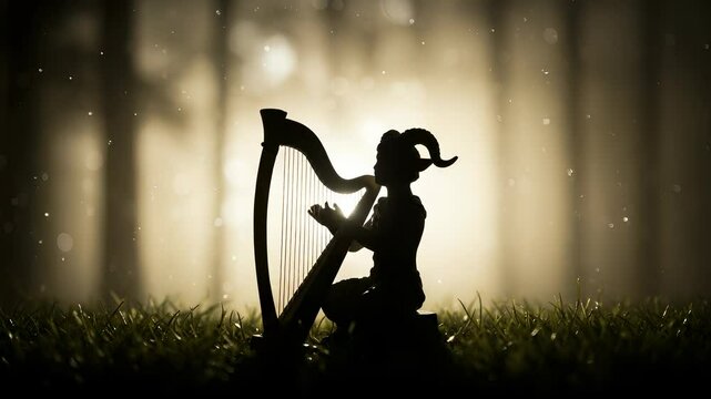 Enchanting woodland faun playing a harp in a mystical forest illuminated by twilight
