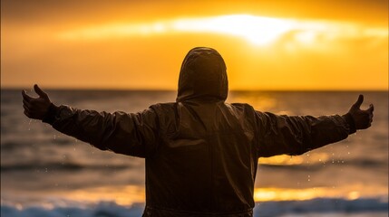 Fototapeta premium Young man embraces golden sunset at the beach, enjoying a moment of peace and connection with nature
