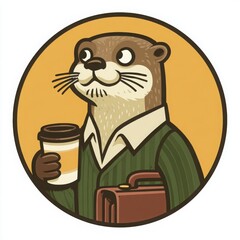 Cute Cartoon Business Otter with Coffee Mug: Whimsical Vector Illustration