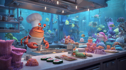 3D cartoon of a crab chef cooking in a coral tree