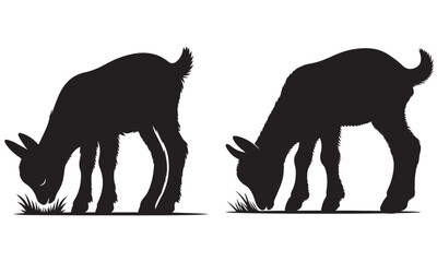 Black vector silhouette illustrations of baby goat animals and farm mammals