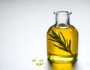 Glass bottle of infused olive oil with fresh rosemary on white background. Aromatic herbal essence for cooking, wellness, or spa use.
