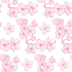 Fototapeta premium Seamless vector pattern with pink cherry blossom flowers and branches on white background. Springtime and renewal concept in a delicate hand drawn floral design