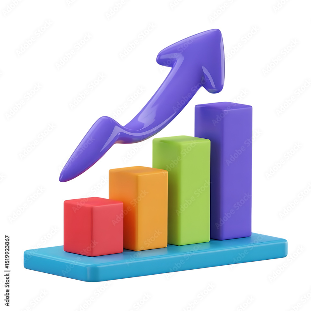 Poster colorful 3d bar graph with upward arrow isolated on transparent background