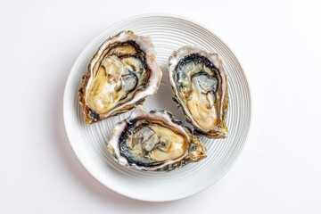 Three oysters elegantly arranged on a flat round plate, showcasing their natural beauty and fresh appeal in a restaurant setting