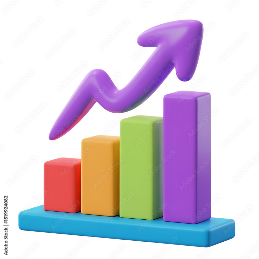 Poster colorful 3d bar graph with upward arrow isolated on transparent background
