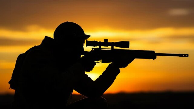 Silhouette of marksman targeting during scenic sunset, precision equipment and skills