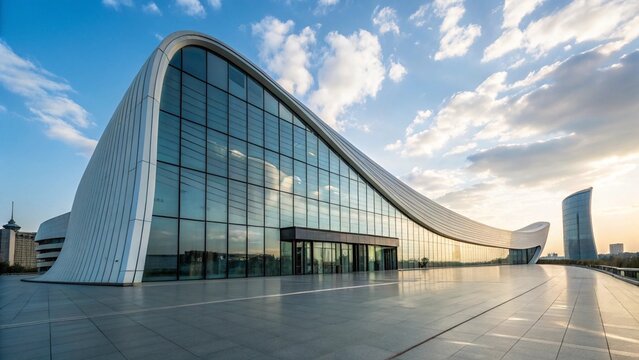 Modern Architectural Flowing Curves Building with Large Glass Windows