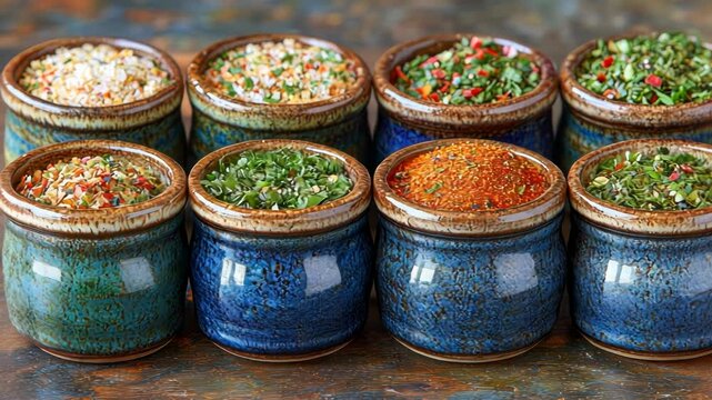 Colorful variety of ceramic spice jars