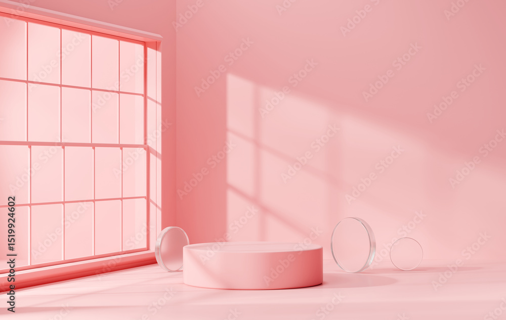 Poster 3d rendering abstract pink platform podium product presentation with window light background