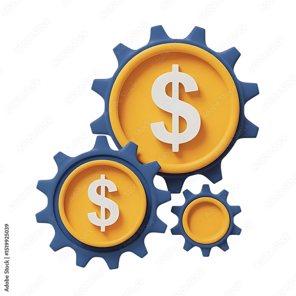 Poster interlocking gears with dollar signs isolated on transparent background