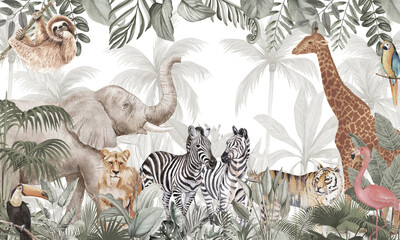 Diverse Wildlife Wall Mural: African Animals, Giraffe, Tiger, Birds in Tropical Forest © csinie1