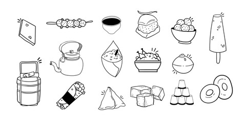 Indian Culture Doddle,Street food icon collection pack,local food collection,chai,dhokla, Hand drawn collection,menu card design element,vada pav 