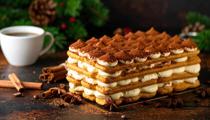 Decadent dessert layers of rich espresso soaked ladyfingers alternating with creamy filling, garnished with cocoa powder, perfect for festive gatherings and indulgent moments