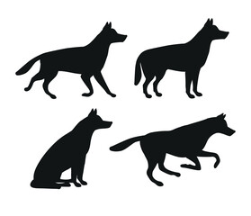 Vector set of flat hand drawn shepherd dog silhouette isolated on white background