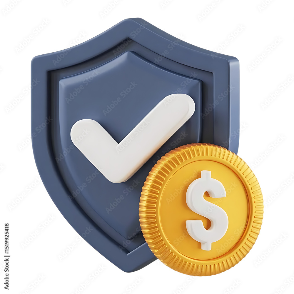 Poster 3d render of shield with check mark and dollar coin isolated on transparent background