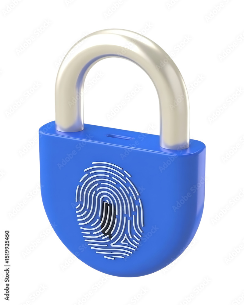 Poster blue padlock with fingerprint scanner isolated on transparent background