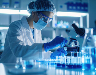 Dedicated scientist in pristine white attire, complete with safety goggles and gloves, meticulously conducts experiments in modern laboratory filled with glassware and scientific equipment