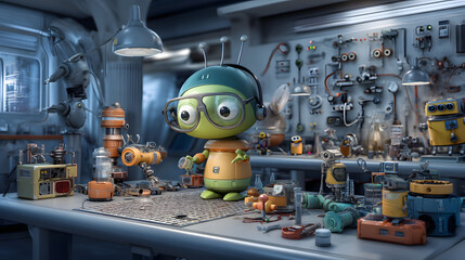 3D cartoon cute alien wearing glasses is building a laboratory
