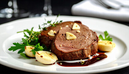 Succulent slice of beef tenderloin, beautifully seared and garnished with roasted garlic, fresh herbs, and rich sauce, creating elegant dining experience
