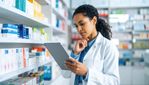 Female pharmacist carefully reviews prescription on digital tablet while surrounded by shelves of medication, showcasing her dedication and professionalism in pharmacy setting