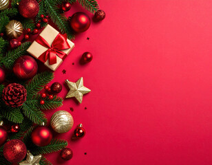 Festive scene of red hued elegance unfolds as flat lay presents cozy tableau featuring Christmas ornaments, gift box, and decorative elements, evoking warmth and celebration