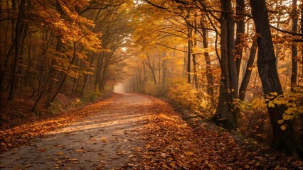 Fototapeta premium Autumn Forest Path Golden Leaves and Misty Morning