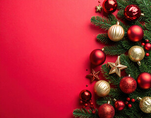 Festive scene of red hued elegance unfolds with flat lay showcasing cozy tableau of Christmas ornaments, including shiny baubles and stars, perfect for holiday celebrations