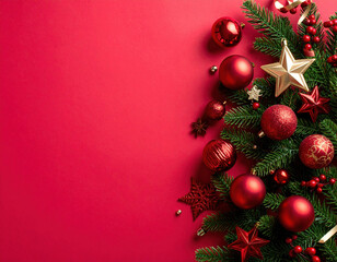 Festive scene of red hued elegance unfolds as flat lay presents cozy tableau of Christmas ornaments, including shiny baubles and decorative stars, evoking holiday cheer