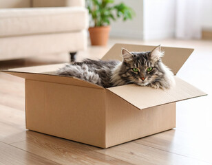 Fluffy gray tabby cat with emerald eyes lounges comfortably in cardboard box, exuding sense of contentment and curiosity in cozy indoor setting