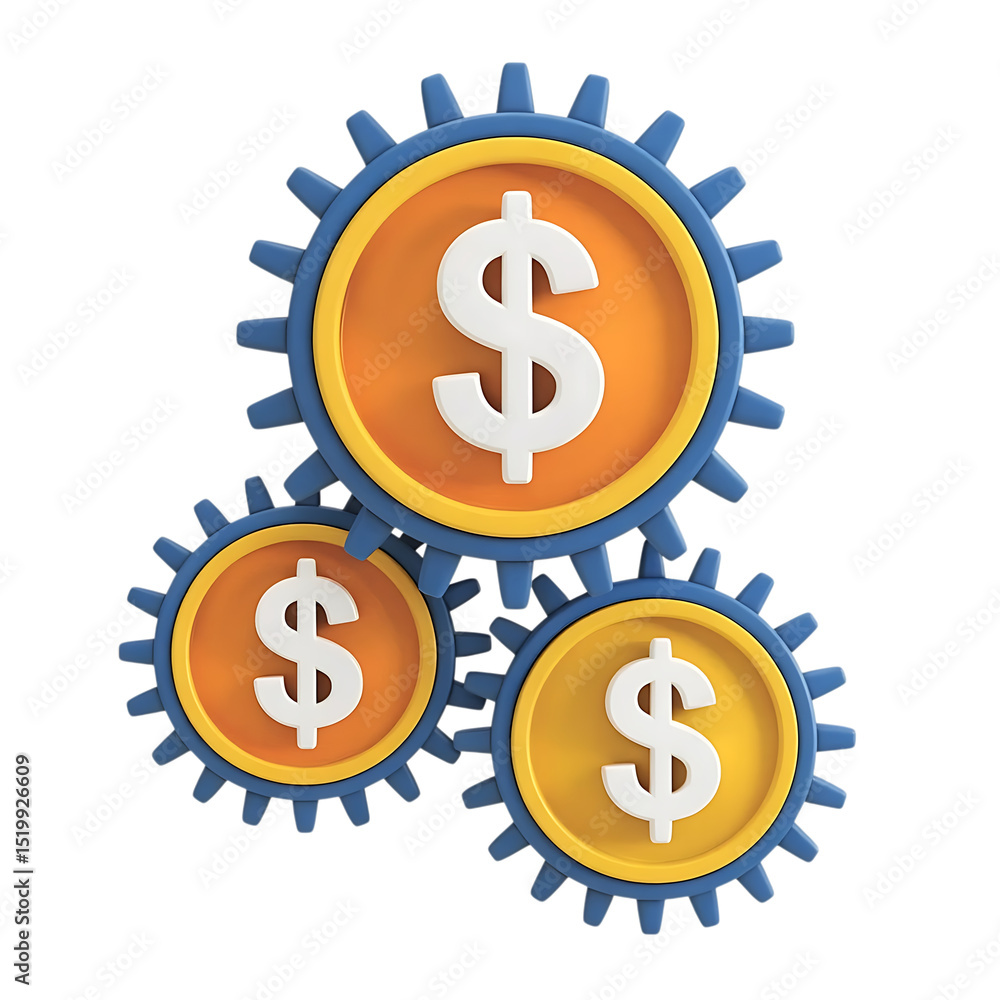 Poster three interlocking gears with dollar signs isolated on transparent background