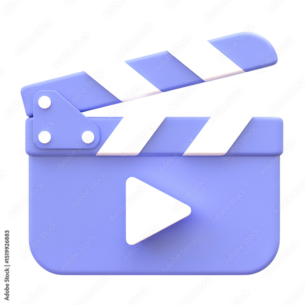 Poster purple 3d movie clapperboard with play button isolated on transparent background