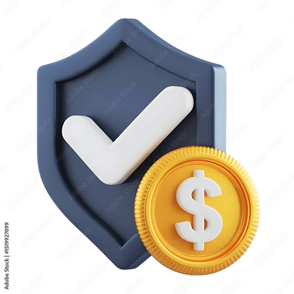 Poster 3d render of shield with check mark and gold dollar coin isolated on transparent background