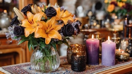 New Zealand Flowers Week. Elegant floral arrangement with orange lilies and black roses amidst candlelit ambiance