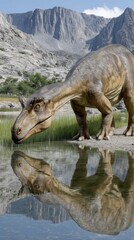 Fototapeta premium Realistic dinosaur drinking water in rocky mountain landscape