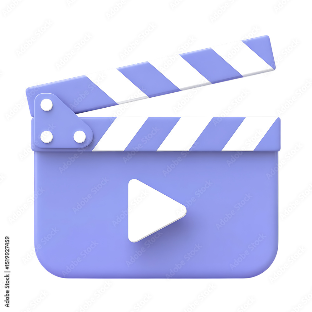 Poster purple 3d movie clapperboard with play button isolated on transparent background
