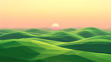 Geometric green hills at sunrise with soft pastel sky