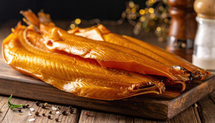 Smoked salmon fillets are beautifully arranged wooden platter, showcasing their rich golden hue and glossy texture. This delicacy is perfect for gourmet dishes and adds touch of elegance to any